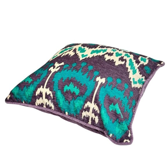New SAFAVIER Ikat Throw Pillow Velvet Purple White Blue 17x17 Boho Decorative - Picture 7 of 7
